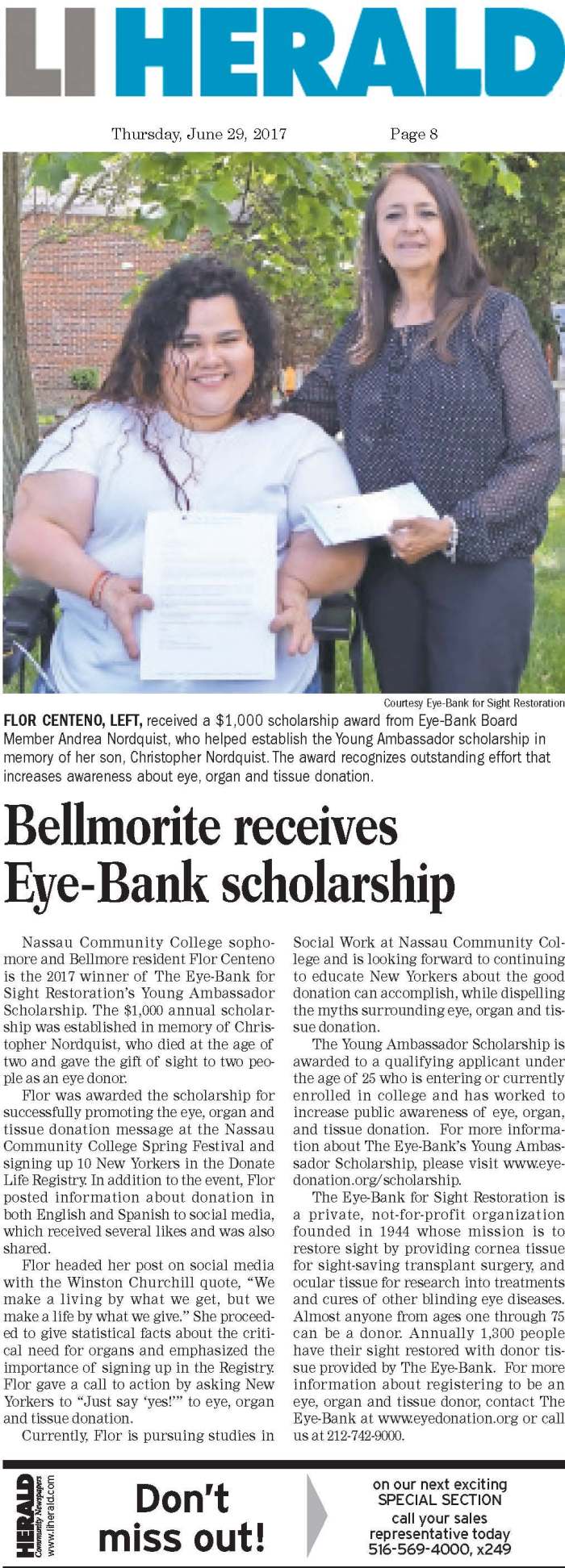 Bellmore Article_Scholarship Winner
